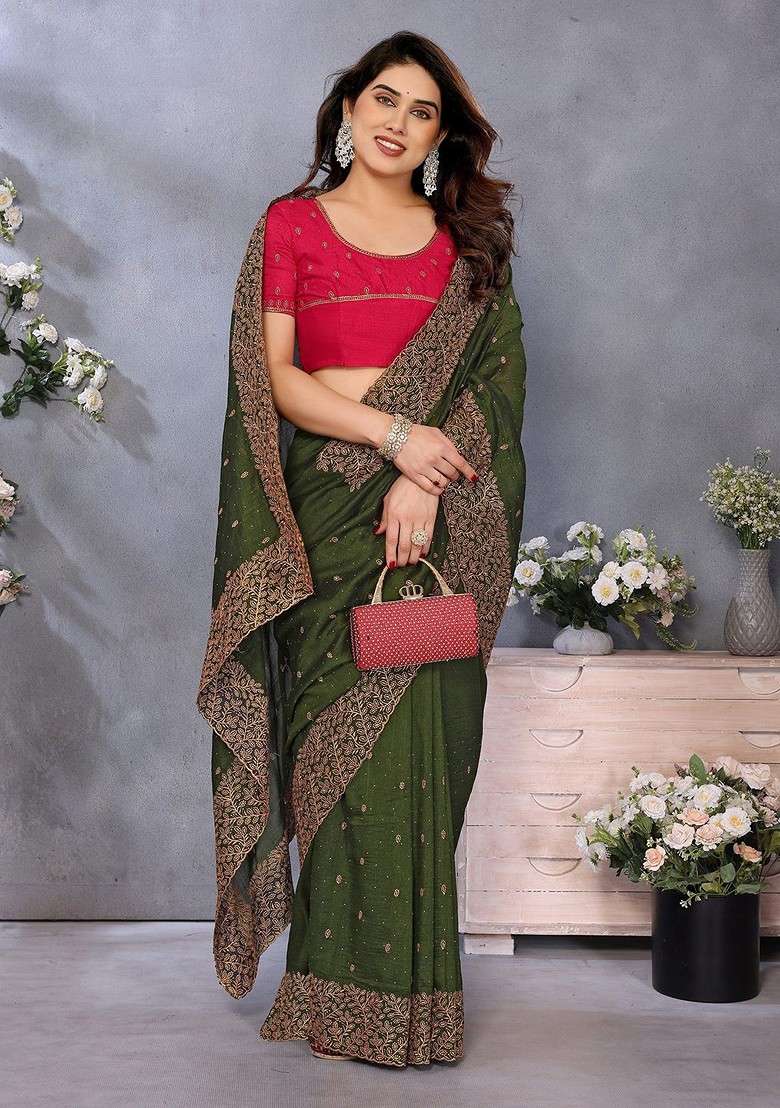 Green Embellished Blended Saree Set for Diwali and Festive Wear - Indya