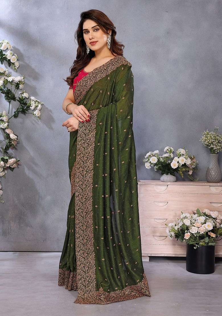 Green Embellished Blended Saree Set for Diwali and Festive Wear - Indya