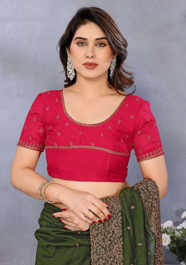 Green Embellished Blended Saree Set for Diwali and Festive Wear - Indya