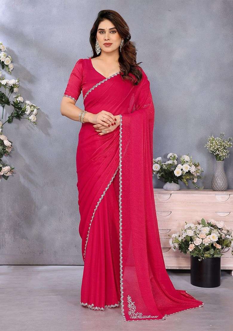 Pink Embellished Blended Saree Set for Diwali and Festive Wear - Indya