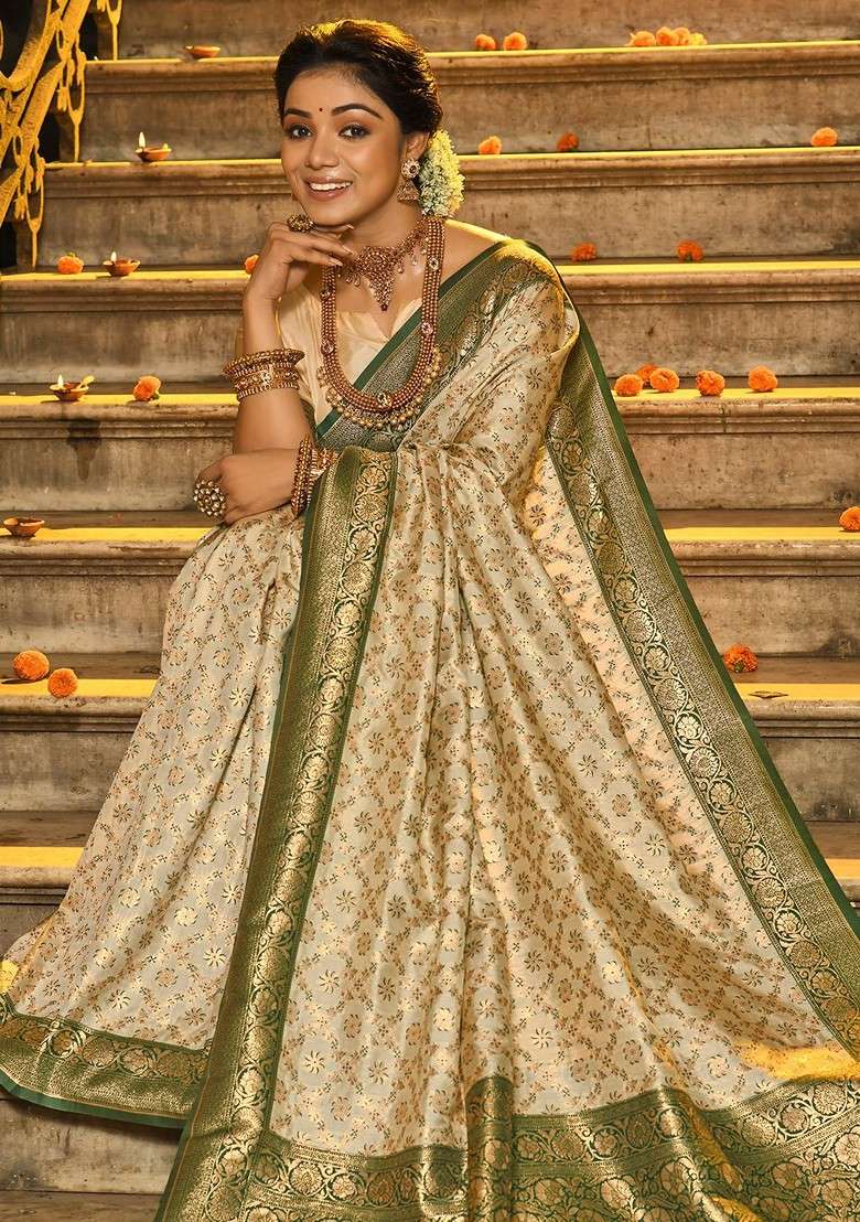 Cream Blended Jacquard Saree Set for Diwali | Wedding & Festive Wear - Indya