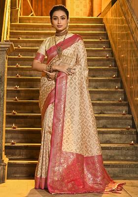 Cream Jacquard Blended Saree Set
