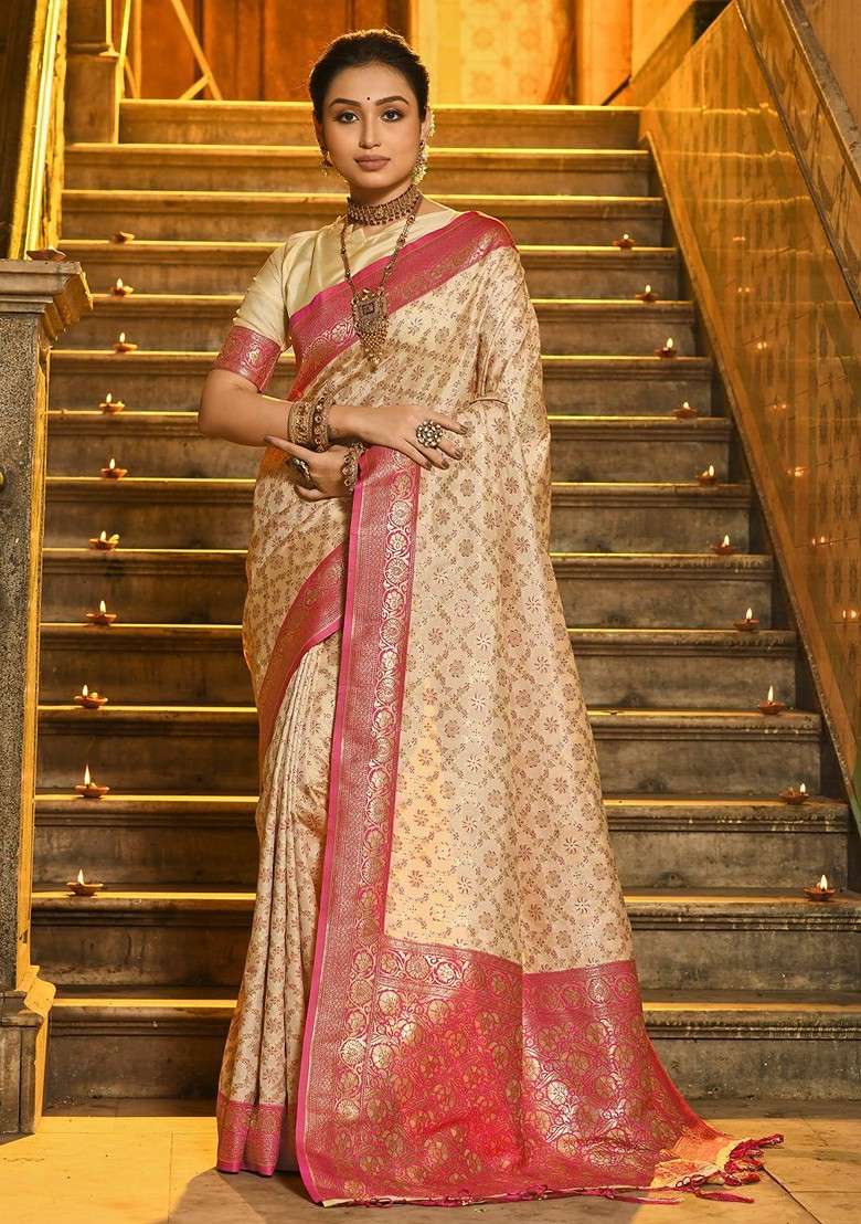 Cream Jacquard Blended Saree Set for Diwali and Festive Wear - Indya