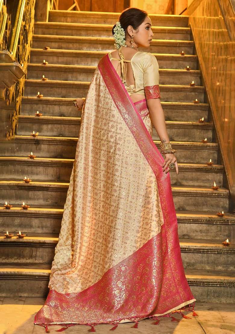 Cream Jacquard Blended Saree Set for Diwali and Festive Wear - Indya