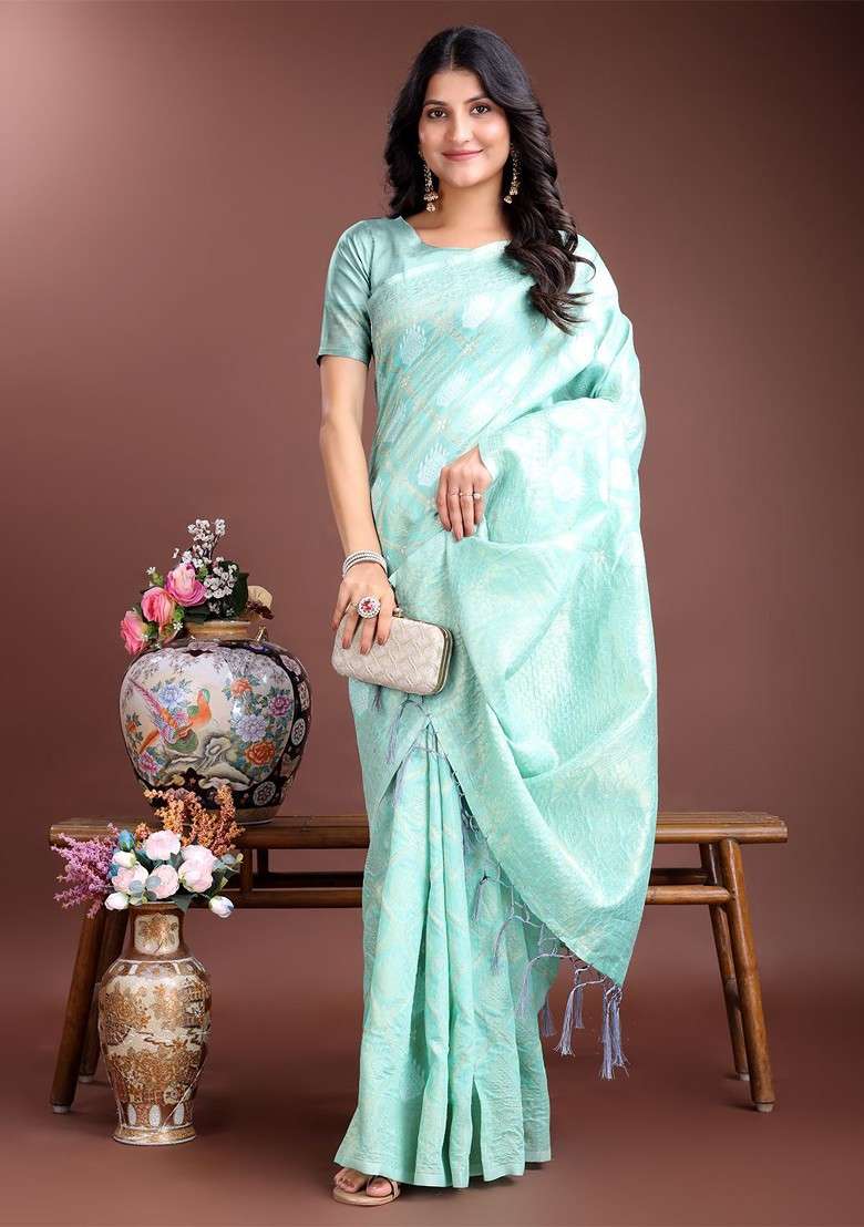 Turquoise Blue Embroidered Blended Saree Set - Indya