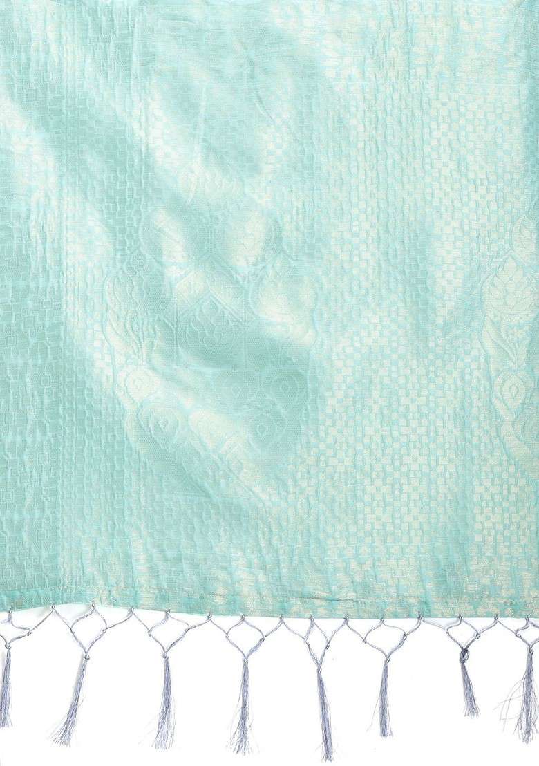 Turquoise Blue Embroidered Blended Saree Set - Indya