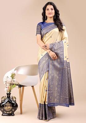Navy Blue Jacquard Blended Saree Set