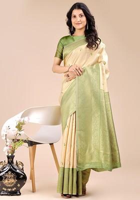 Lime Green Embroidered Blended Saree Set