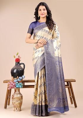 Navy Blue Jacquard Blended Saree Set