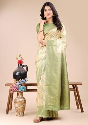 Lime Green Jacquard Blended Saree Set