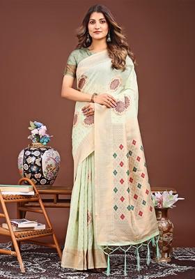 Lime Green Embroidered Blended Saree Set
