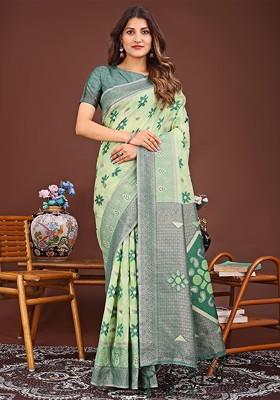 Lime Green Embroidered Blended Saree Set