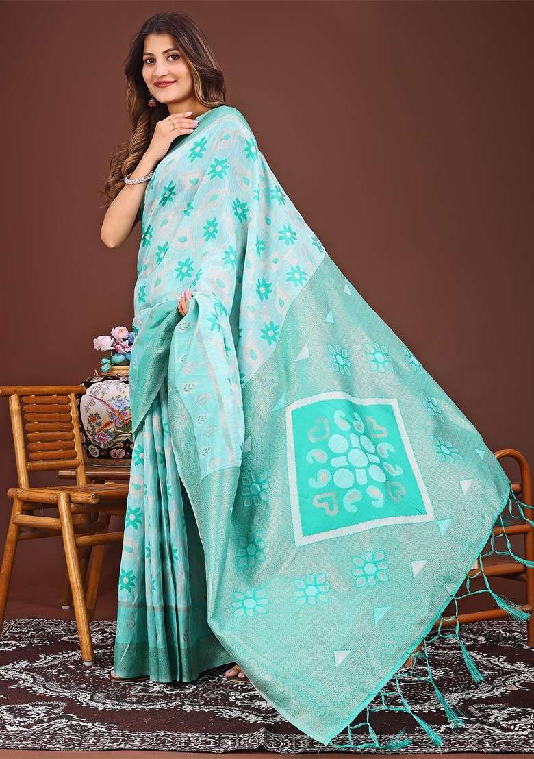 Turquoise Blue Embroidered Blended Saree Set - Indya