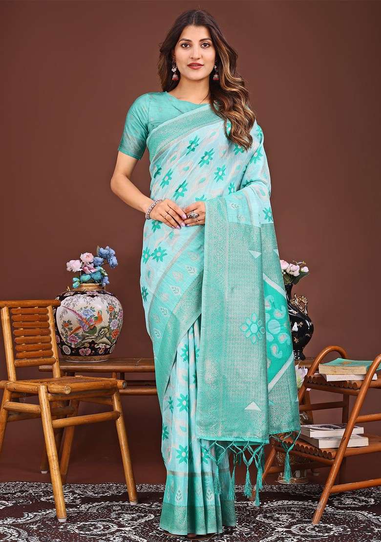 Turquoise Blue Embroidered Blended Saree Set - Indya
