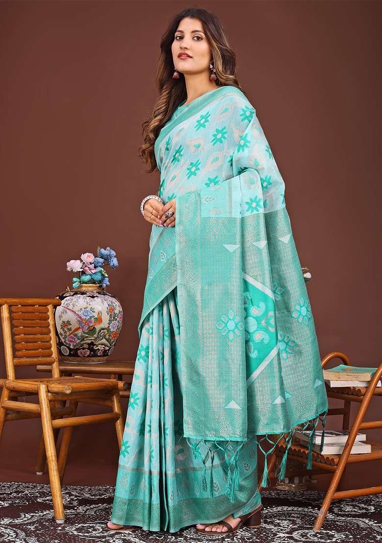 Turquoise Blue Embroidered Blended Saree Set - Indya