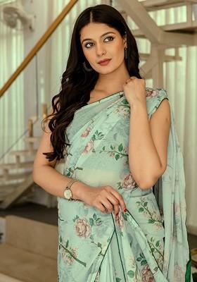 Green Printed Blended Saree Set