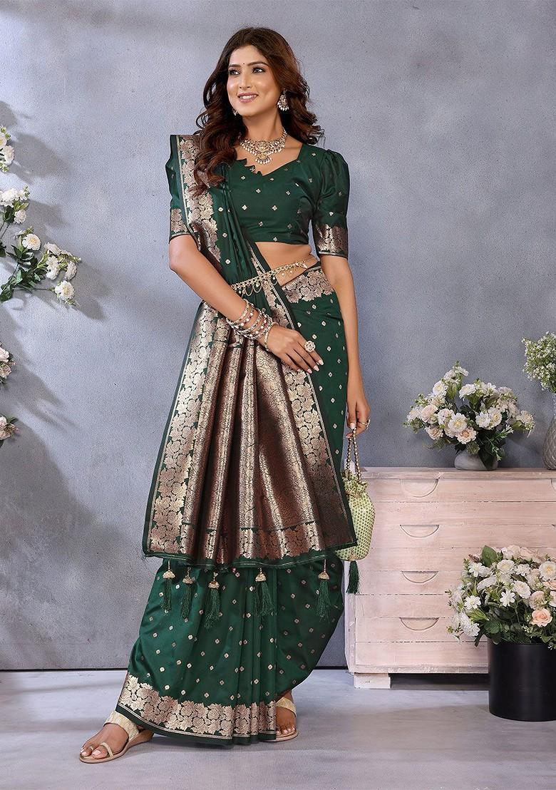 Green Jacquard Blended Saree Set - Indya