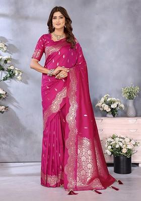 Magenta Embroidered Blended Saree Set