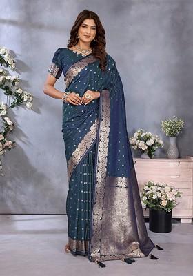 Blue Jacquard Blended Saree Set