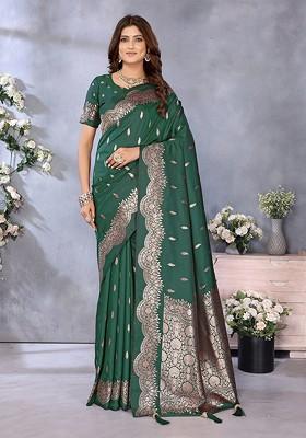 Green Jacquard Blended Saree Set