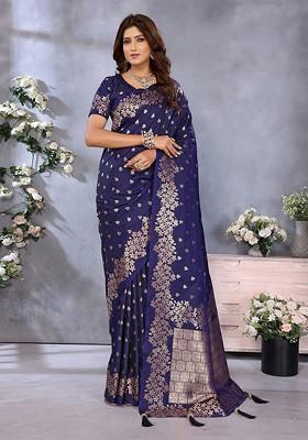 Blue Jacquard Blended Saree Set