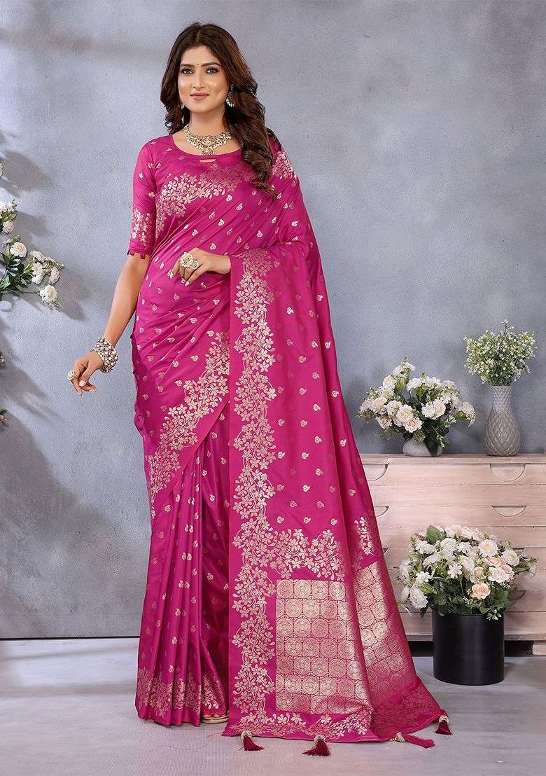Magenta Embroidered Blended Saree Set - Indya
