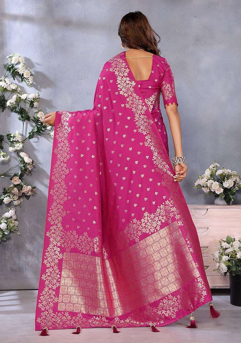 Magenta Embroidered Blended Saree Set - Indya