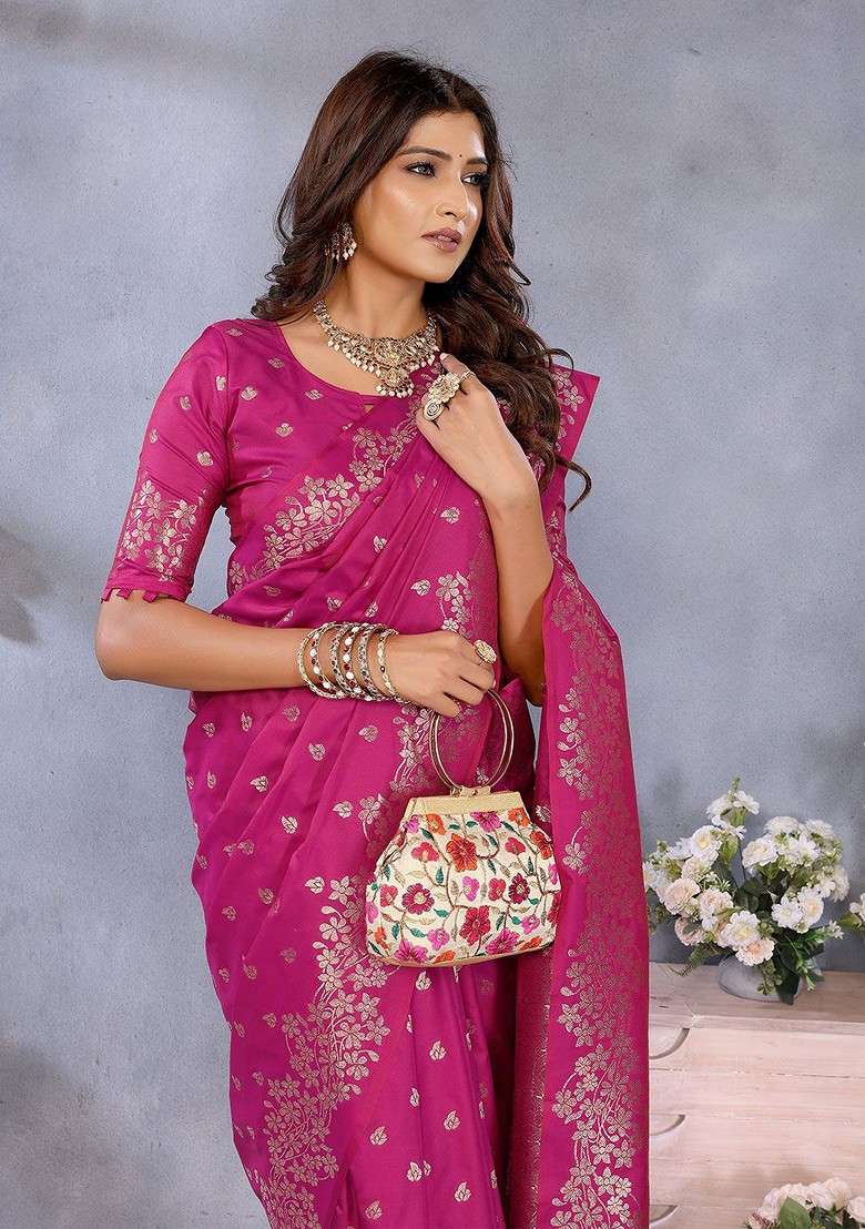 Magenta Embroidered Blended Saree Set - Indya