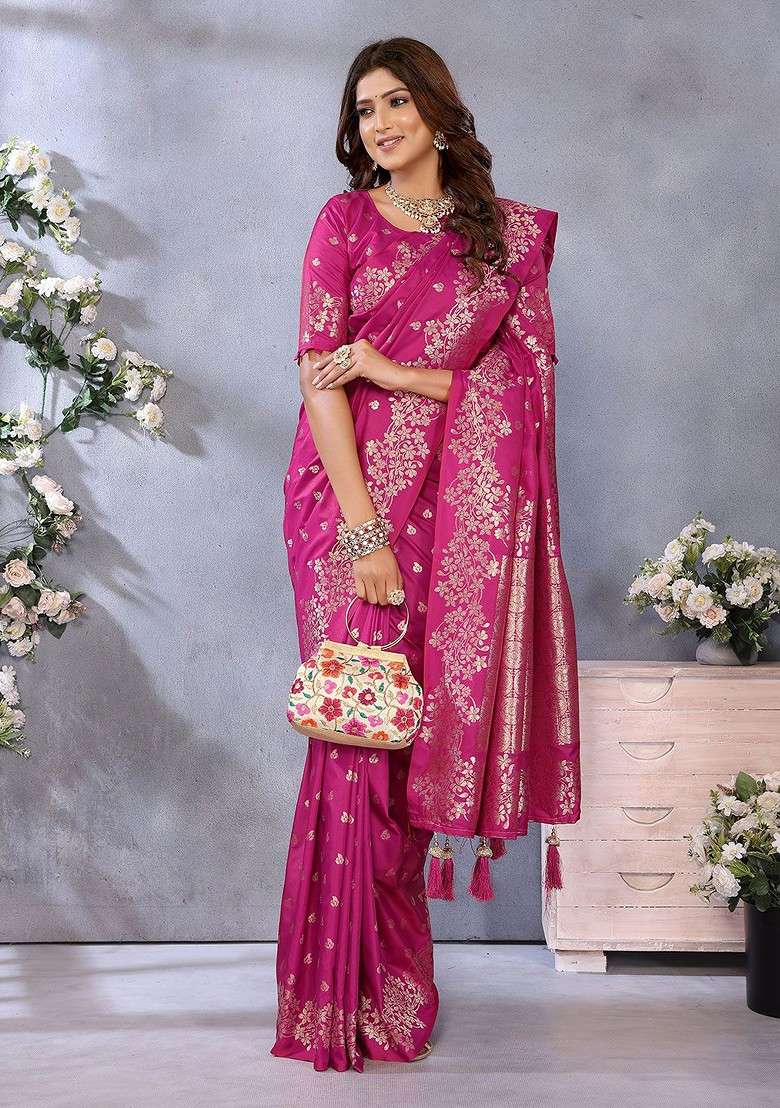 Magenta Embroidered Blended Saree Set - Indya