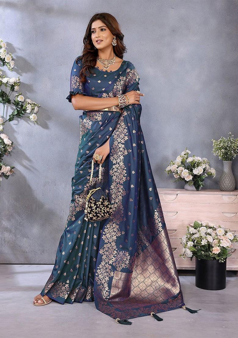 Blue Jacquard Blended Saree Set - Indya