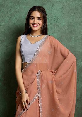 Orange Embroidered Blended Saree Set