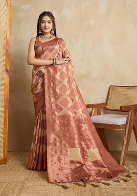 Peach Embroidered Blended Saree Set