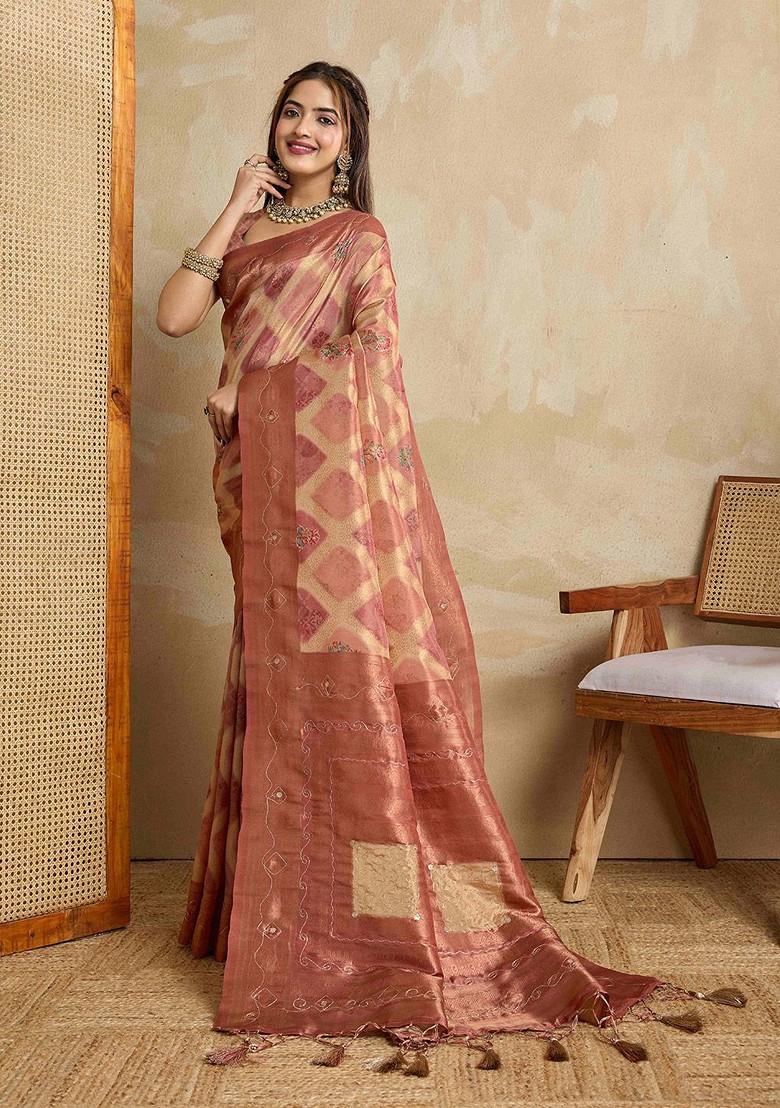 Peach Embroidered Blended Saree Set - Indya