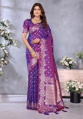 Purple Jacquard Blended Saree Set