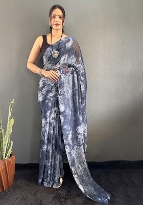 Grey Embroidered Blended Saree Set