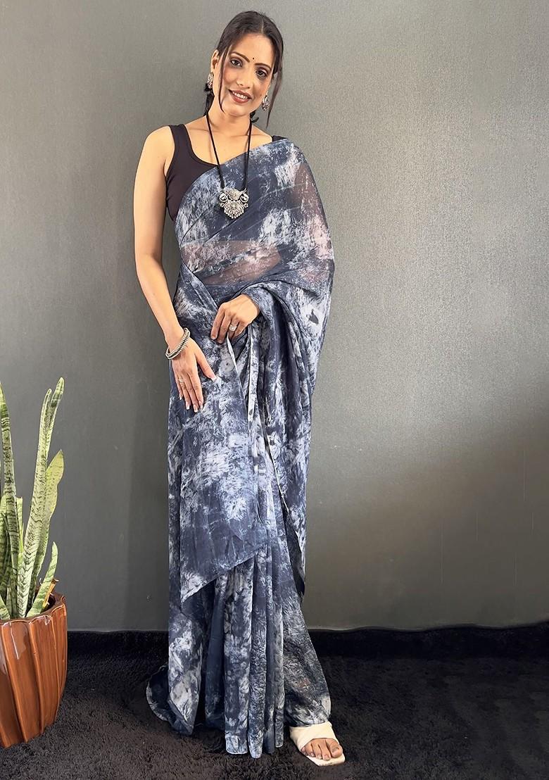 Grey Embroidered Blended Saree Set - Indya
