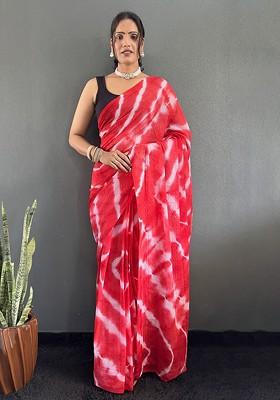 Red Embroidered Blended Saree Set