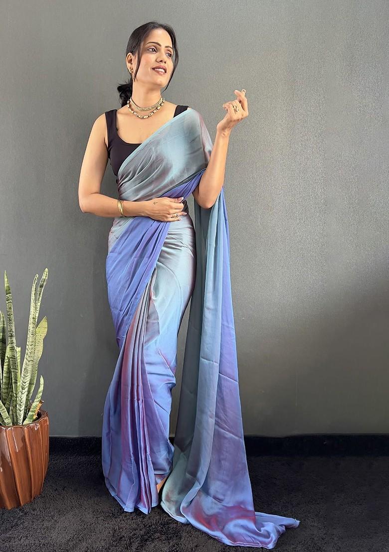 Grey Embroidered Blended Saree Set - Indya