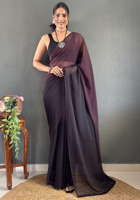 Purple Embroidered Blended Saree Set