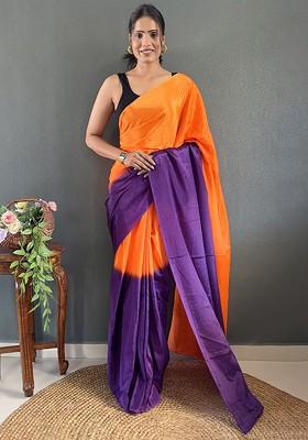 Orange Embroidered Blended Saree Set