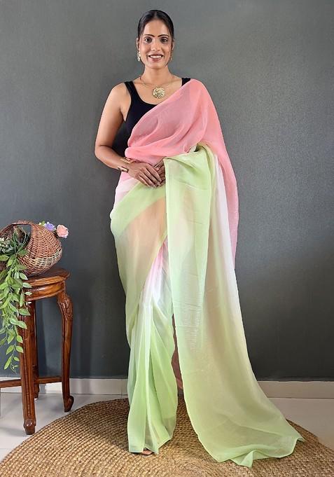 Pink Embroidered Blended Saree Set