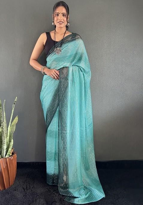 Blue Embroidered Blended Saree Set