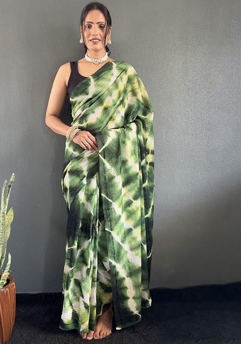 Green Embroidered Blended Saree Set