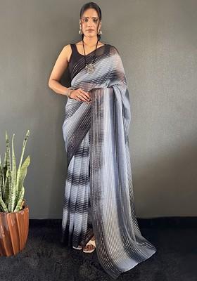 Grey Embroidered Blended Saree Set