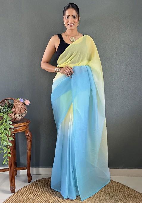 Yellow Embroidered Blended Saree Set