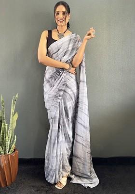 Grey Embroidered Blended Saree Set