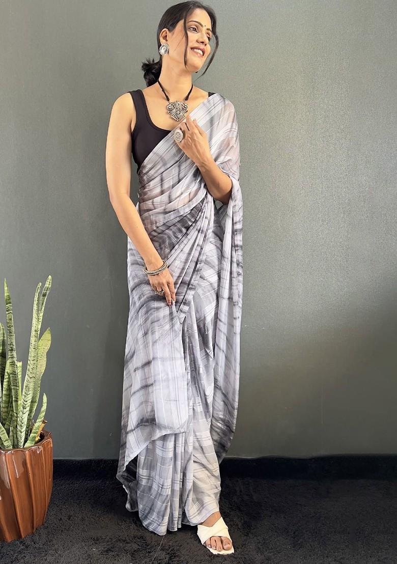 Grey Embroidered Blended Saree Set - Indya