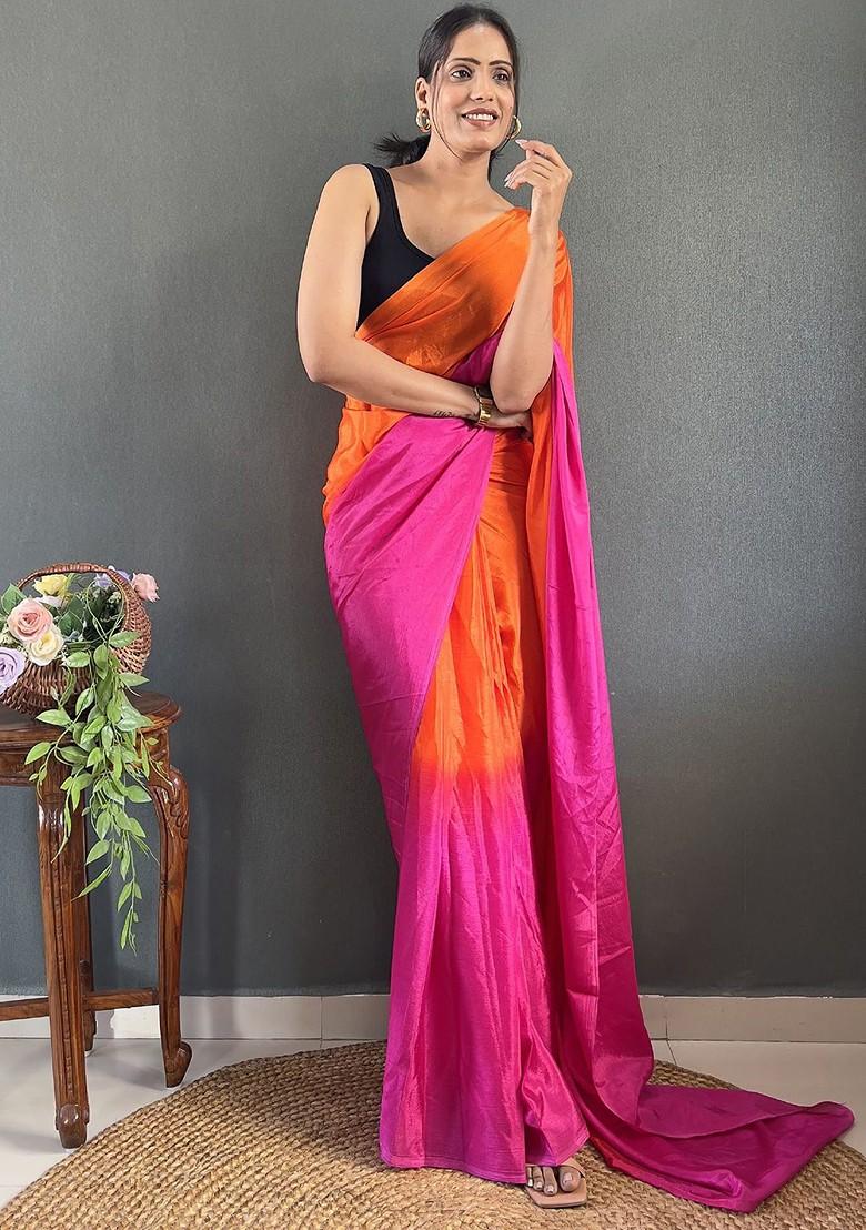 Orange Embroidered Blended Saree Set - Indya