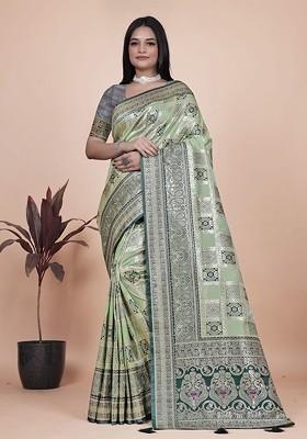 Green Jacquard Blended Saree Set