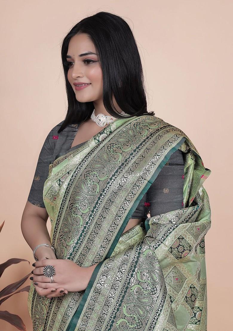 Green Jacquard Blended Saree Set - Indya